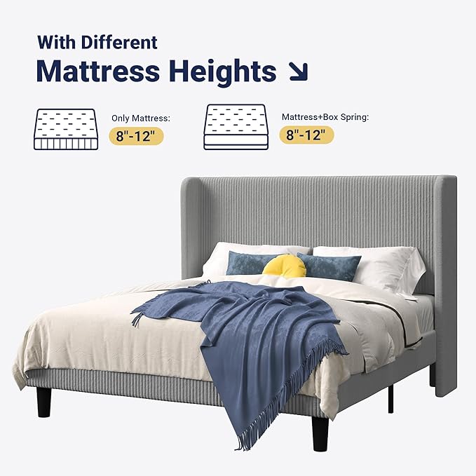 Allewie Queen Size Bed Frame with Upholstered Wingback Headboard, Vertical Channel Tufted Corduroy Velvet Platform Bed, Strong Wooden Slats Support, No Box Spring Needed, Easy Assembly, Light Grey