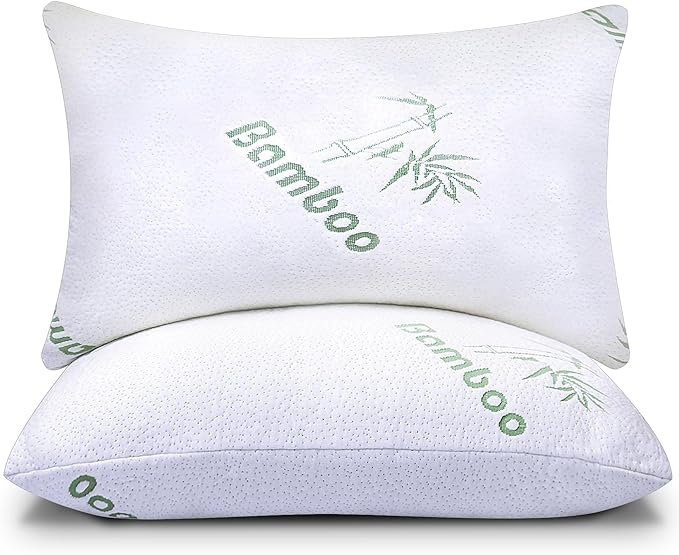 Memory Foam Pillows Queen Size Set of 2 - Cooling Bed Pillows for Sleeping - Back, Stomach, Side Sleeper Soft, Comfy Cool Shredded - 2 Pack, Rayon Derived from Bamboo