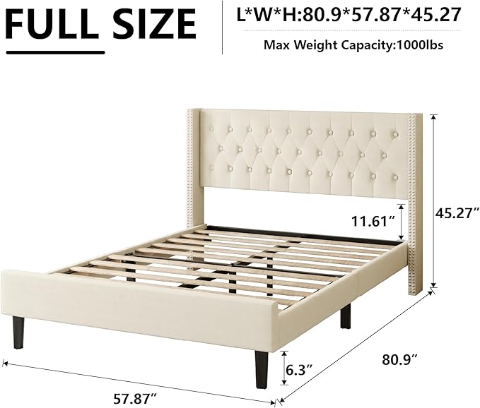 Full Size Bed Frame, Upholstered Platform Bed with Wingback Headboard, Velvet Button Tufted, Easy Assembly, No Box Spring Needed, Beige