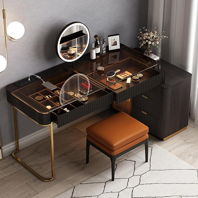 Larits Makeup Vanity, Very Easy to Assemble，Dressing Table Desk in one, Super Storage, with LED Light Vanity Mirror with ash Full Solid Wood upholstered Vanity Stool (Black Brown, 47 in)