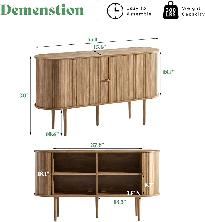 AMERLIFE 55" TV Stand with Solid Wood Legs, Mid Century Modern TV Console with Tambour Door for 80-inch TV, Dust-Proof Storage Cabinet for Living Room, Natural Finish