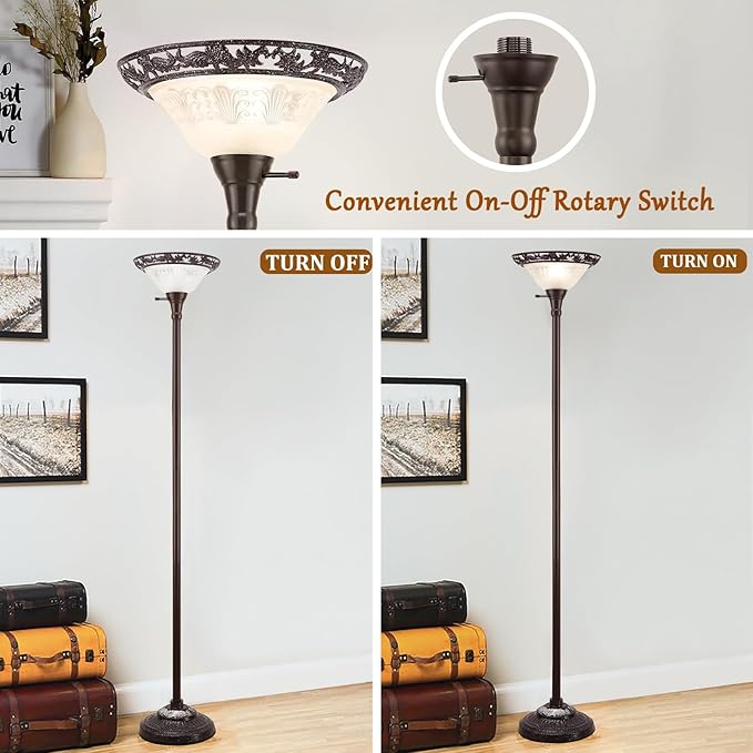 Luvkczc Torchiere Floor Lamp for Living Room - 70" Victorian Floor Lamp with with Etched Glass Shade, Vintage Standing Corner Tall Reading Light for Bedroom Office