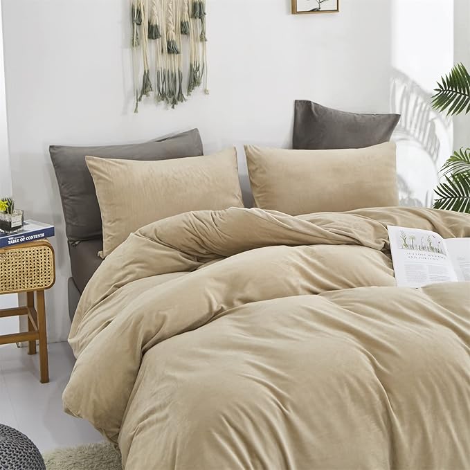 Cottonight Cream Coffee Velvet Comforter Set California King Khaki Bedding Comforter Set Dark Champagne Brown Solid Blanket Quilts Flannel Modern Winter Warm Taupe 3 Piece Light Coffee Bedding Set