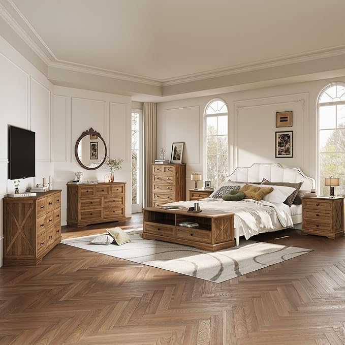 Farmhouse 9 Drawers Dresser Chests for Bedroom, 9 Drawers TV Stand, Long Wood Dressers Organizer for Closet, Modern Storage Organizer Cabinet for Bedroom, Hallway & Entryway, Natural Oak