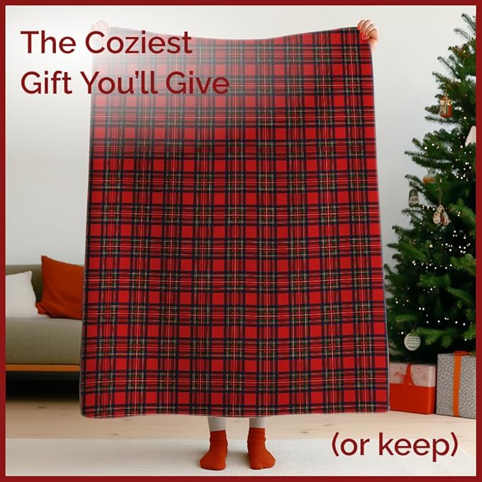 Christmas Sherpa Blanket Throw Size - Reversible Sherpa Fleece Blanket - Super Soft Double Sided Throw for Bed, Sofa, Couch - Thick, Warm, Cozy & Plush - Xmas Winter Bedding - Christmas Tartan, 50x60