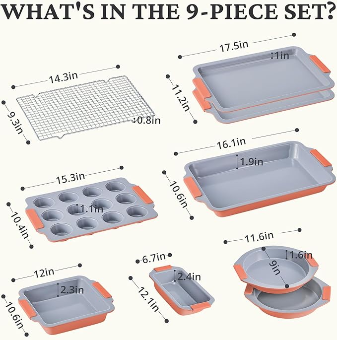 BRONYPRO Nonstick Ceramic Bakeware Set (9 Pieces),Heavy Duty Aluminized Steel Bakeware-Baking Pans Set with Silicone Handles,Includes Sheet Pans,Loaf Pan,Muffin pan,Cake pans,PTFE & PFOA Free - Orange