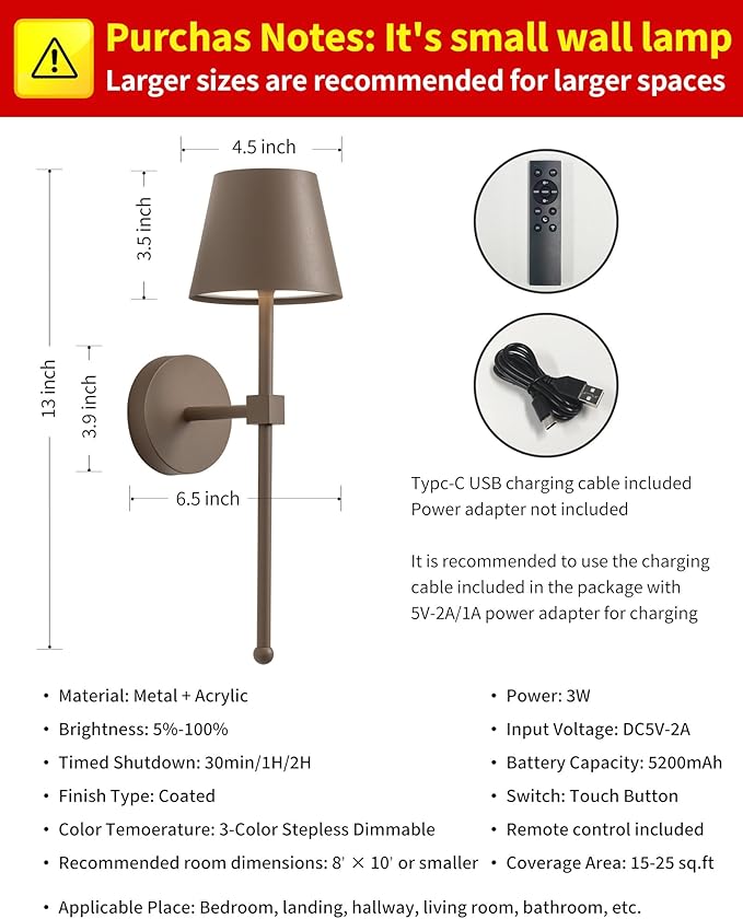KDG Cordless Wall Sconces Set of 2, Wireless 5200mAh Rechargeable Battery LED Wall Lamps, Wall Lightings for Wall Painting, Outdoor, Garden, Living Room, Bedside, Hallway, Gifts, Night Light (Brown)