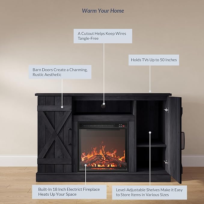 BELLEZE 47" TV Stand with 18" Electric Fireplace Heater & Media Entertainment Center Console Table for TV up to 50" with Open Storage Shelves & Cabinets - Veropeso (Rustic Grey)