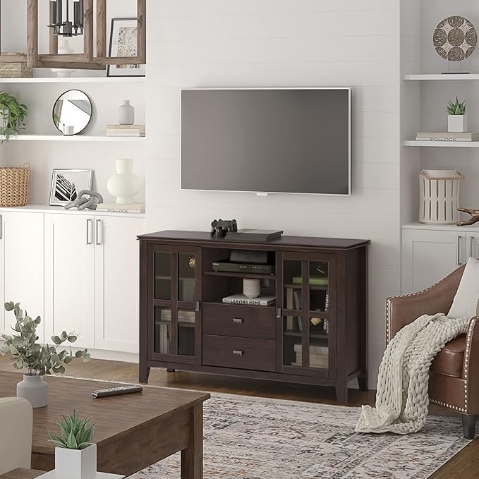 SIMPLIHOME Artisan SOLID WOOD 53 inch Wide Contemporary TV Media Stand in Dark Chestnut Brown For TVs up to 60 inches for the Living Room and Entertainment Center