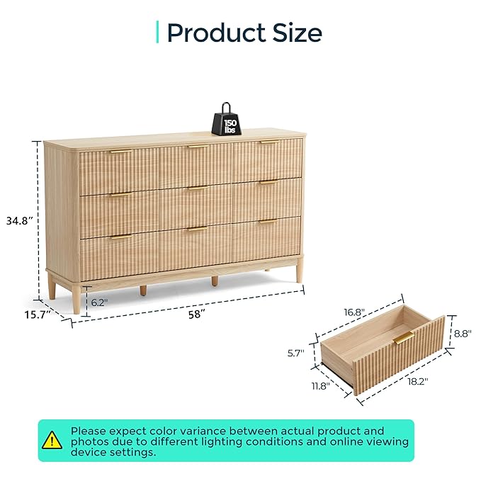 LINSY HOME Fluted Dresser for Bedroom with 9 Drawers, 58" Wide Chest of Drawers, Mid Century Modern Dresser TV Stand with Metal Handle, Wood Closet Storage Cabinet for Living Room, Hallway, Oak