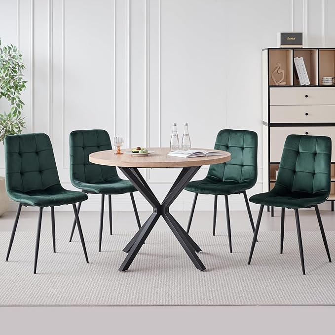 39" Round Dining Table Set for 4, Mid Century Kitchen Table with 4 Green Velvet Upholstered Dining Chairs for Apartment Living Room Space Saving