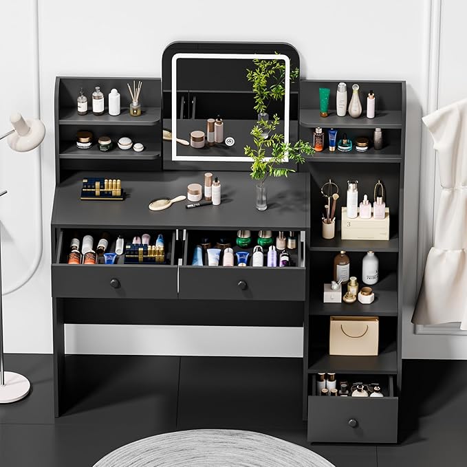Black Makeup Vanity Desk with Square LED Mirror & 6 Open Shelves - 3-Color Adjustable Lighting, 3 Drawers + Right-Side Sloped Design, Dressing Table for Bedroom, Women, Teens