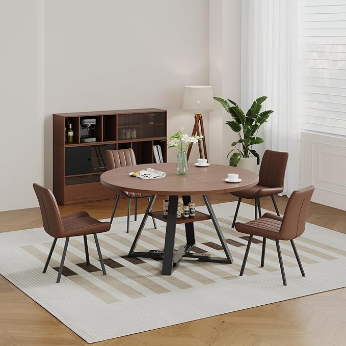 45.3" Walnut Round Dining Table Set with 4 Chairs – Mid-Century Modern Small-Space Kitchen & Dining Room Furniture for Apartment or Breakfast Nook (Boxwood – Storage Table + 4 Brown Chairs)