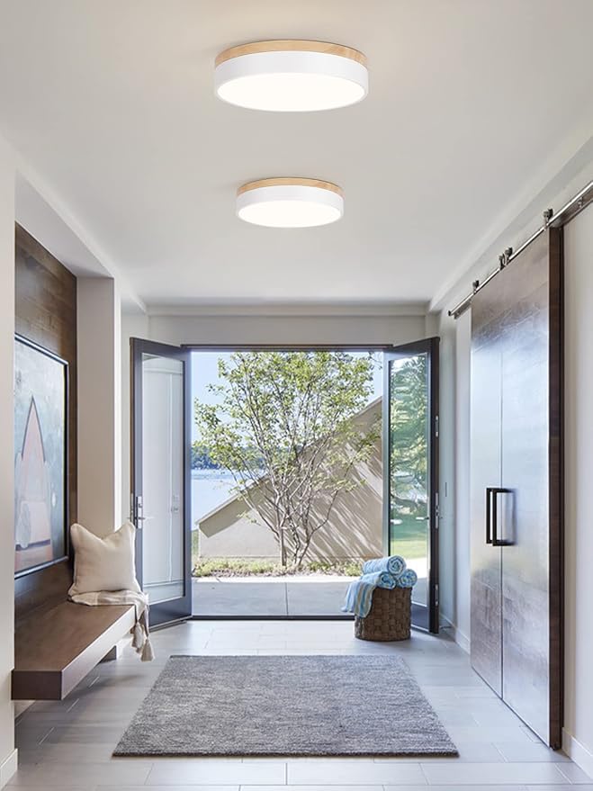 Modern Dimmable LED Close to Ceiling Light Minimalist Wood Oak Flush Mount Ceiling Light Fixture with Lampshade for Bedroom Living Room Bathroom Laundry Room (White-Dimmable, 11.8''/30cm)