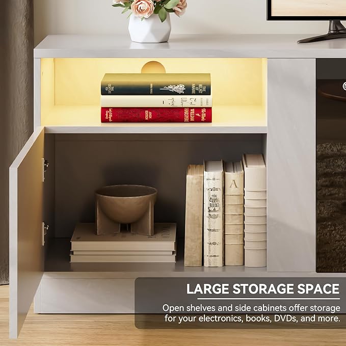 oneinmil 80” TV Stand with 36” Electric Fireplace, Large Modern Media Entertainment Center with Storage Cabinet and 12 Colors LED Lights for TVs Up to 90", Gray TV Stand and Black Fireplace