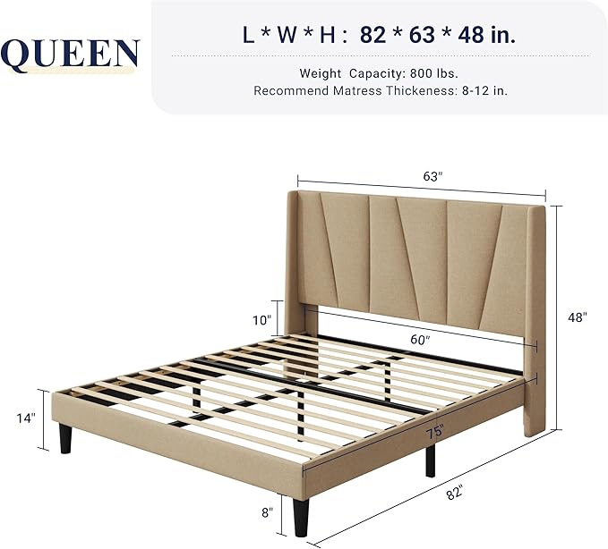 Allewie Queen Size Platform Bed Frame with Geometric Wingback Headboard, Modern Upholstered Bed with Wooden Slats Support, No Box Spring Needed, Easy Assembly, Beige