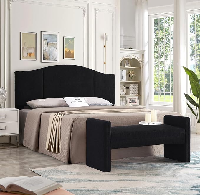 24KF Middle Century Upholstered Foldable King Headboard, Modern Boucle Teddy Fabric Headboard King/California King, 6033-K-Black