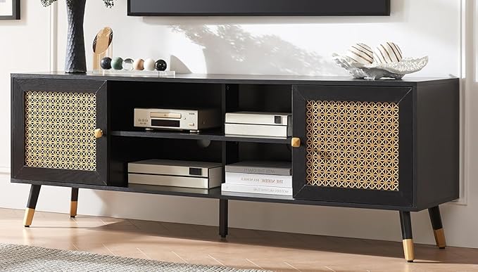 Mid Century Modern TV Consoles for Living Room, TV Stand for TVs Up to 75" - Black Entertainment Center with 2 Gold Metal Mesh Doors & MDF Wood Grain, 15.8" D x 66" W x 23.5" H