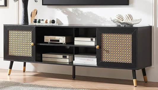 Mid Century Modern TV Consoles for Living Room, TV Stand for TVs Up to 75" - Black Entertainment Center with 2 Gold Metal Mesh Doors & MDF Wood Grain, 15.8" D x 66" W x 23.5" H