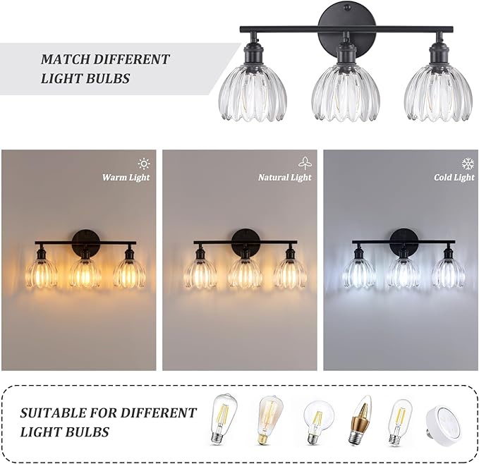 Bathroom Light Fixtures, 3-Light Black Vanity Wall Light Over Mirror with Clear Tulip Glass Shade for Bedroom Living Room