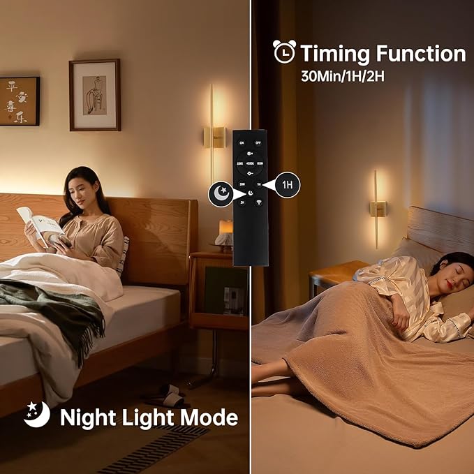 Battery Operated Wall Sconce Set of 2, 8000mAh Wireless Wall Sconces, 3000K-6000K Dimmable, 350°Rotate, Indoor Wall Lights for Bedroom Living Room Bathroom, Gold, 23.6 Inch