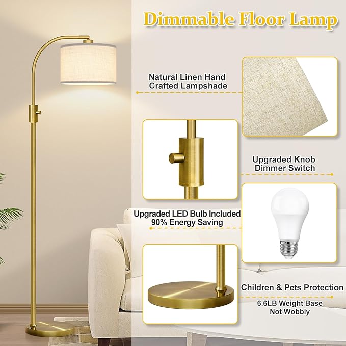 Brass Arc Floor Lamp - Dimmable LED with White Shade for Living Room, Bedroom, Office & More
