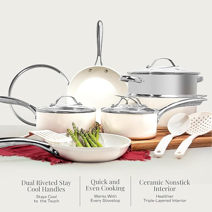 Gotham Steel 12 Pc Ceramic Cookware Set Nonstick, Ceramic Pots and Pans Set Non Stick with Steamer for Cooking, Non Toxic PFOA PFOS Free, Premium Stay Cool Handles, Oven & Dishwasher Safe