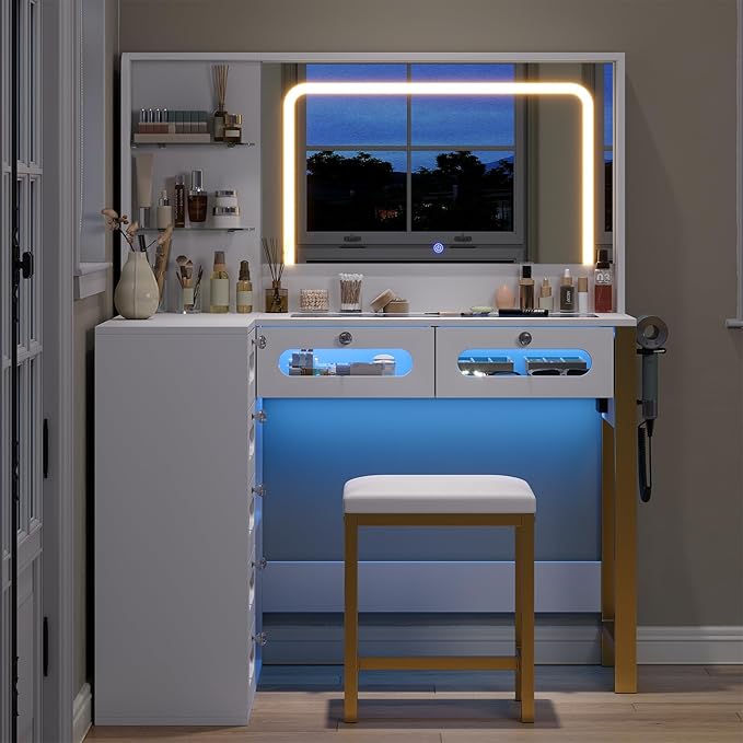 Vanity Desk with Mirror and Lights, 43" Big Modern Vanity Desk, Transparent Top Vanity with 2 RGB Drawers, with Power Outlet & Stool, Modern Ample Storage Dressing Table, White