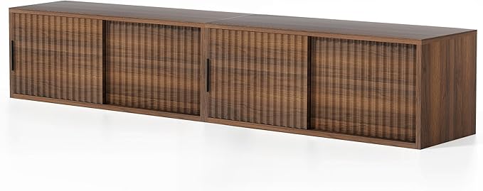 Fluted Floating TV Stand Set of 2, 30" Multi-Purpose Modern TV Display Shelf Console Entertainment Center Cabinet with Sliding Doors for Bedroom Living Room Entryway, Brown