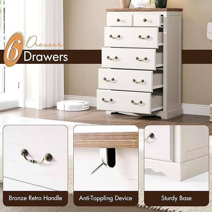 Farmhouse 6 Chest of Drawers for Bedroom, 48" Tall Wood Dresser with Bronze Retro Handles & 3D Drawer Fronts, Closet Dresser for Bedroom, Hallway, Antique White