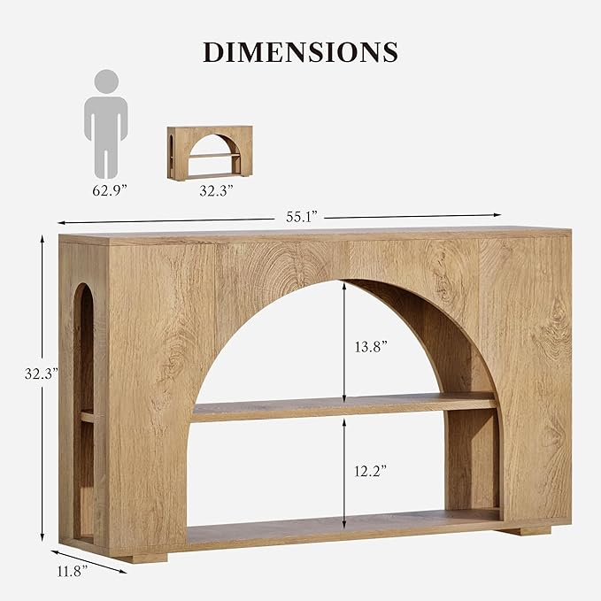 Sofa Console Table with Storage, 55" Farmhouse 3-Tier Hallway Wood Table for Living Room, Hallway, Foyer, Natural Wood