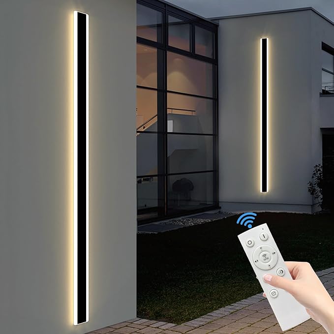 Mikeru Modern Long LED Wall Light, 3000k-6000k Dimmable Outdoor Wall Sconce 70.8inch Black Outdoor Exterior Lights with Remote Control Ip65 Waterproof Anti-Rust Linear Long Porch Lights