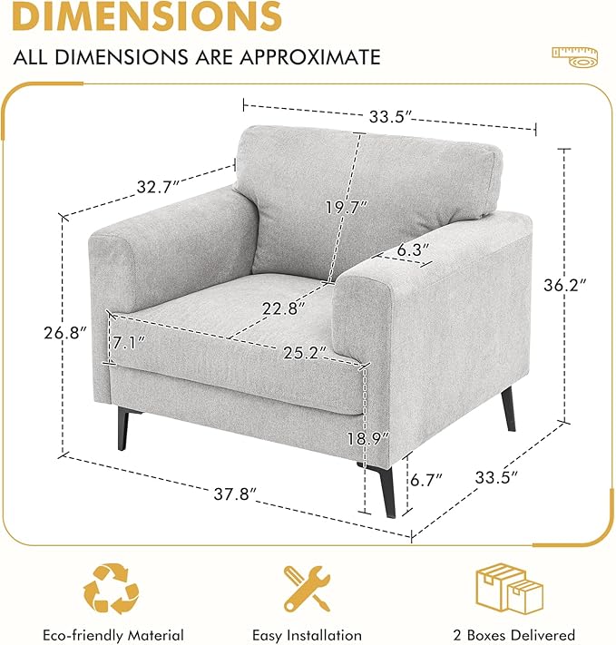 CDCASA Accent Chair, Linen Fabric Oversized Mid Century Modern Chair Set of 2, Comfy Upholstered Armchair Reading Accent Chairs Sofa Chairs for Bedroom Living Room, Light Gray