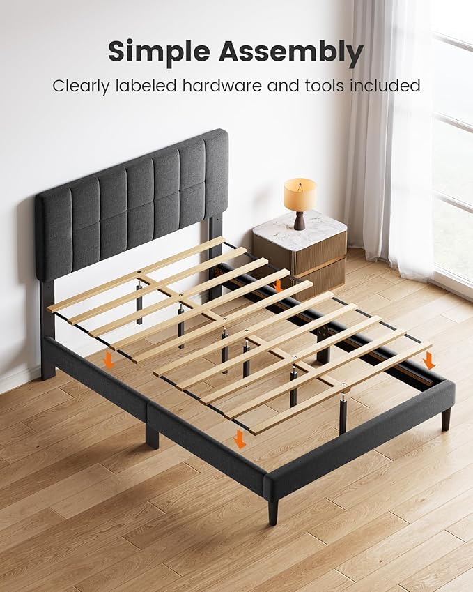 Pipishell Full Size Bed Frame with 12 Thickened Legs&Fabric Upholstered Headboard,1300 Lbs Weight Capacity, Adjustable Headboard, No Box Spring Needed, Easy Assembly, Underbed Storage（Solid Wooden）