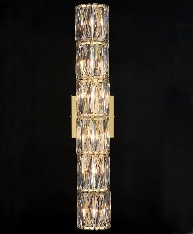 SAMTEEN 23.6-Inch Crystal Wall Sconce Gold Sconces Wall Lighting Mid-Century Modern 6-Light Wall Mount Light Brass Glass Wall Light Fixture for Bathroom Bedroom Hallway