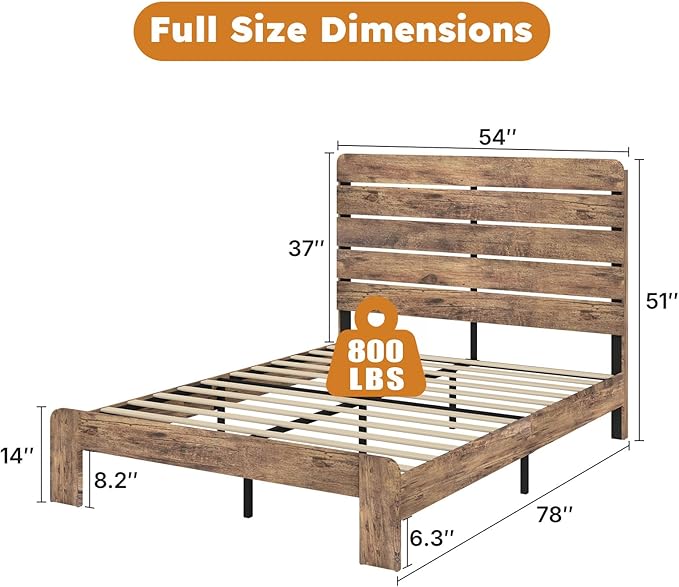 Queen Bed Frame, Queen Size Heavy Duty Bed Frame, Platform Bed Frames with Wood Headboard & Footboard, Noise Free, No Box Spring Needed, Brown