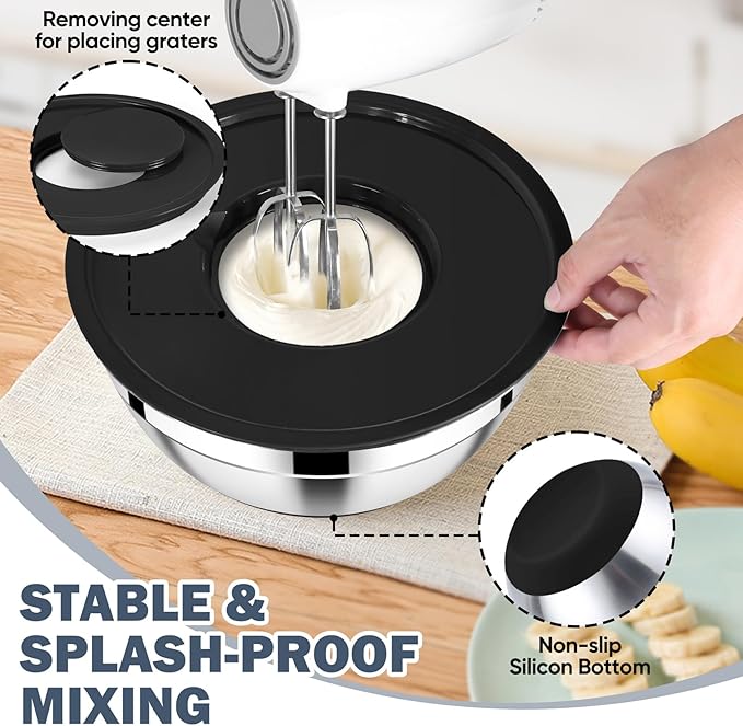 E-far Mixing Bowls with Airtight Lid Set, 25PCS Stainless Steel Nesting Prep Bowls with Grater Attachments Non-Slip Bottoms for Cooking, Baking, Serving, Food Storage, 4.6/2.6/2/1.5/1/0.7QT - Black