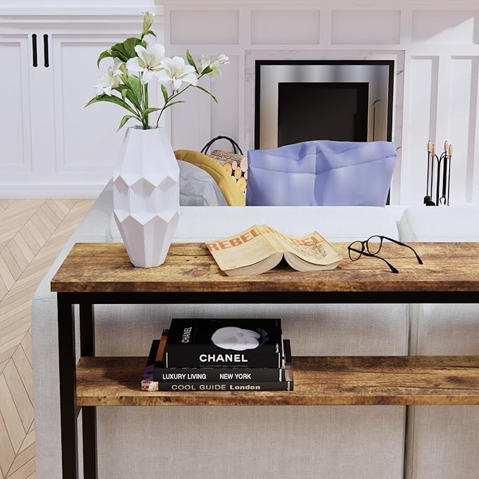 Narrow Console Table, 39.4” Sofa Table with Adjustable Shelf, 2-Tier Long Skinny Table for Hallway, Entryway, Living Room, Foyer, Rustic Brown