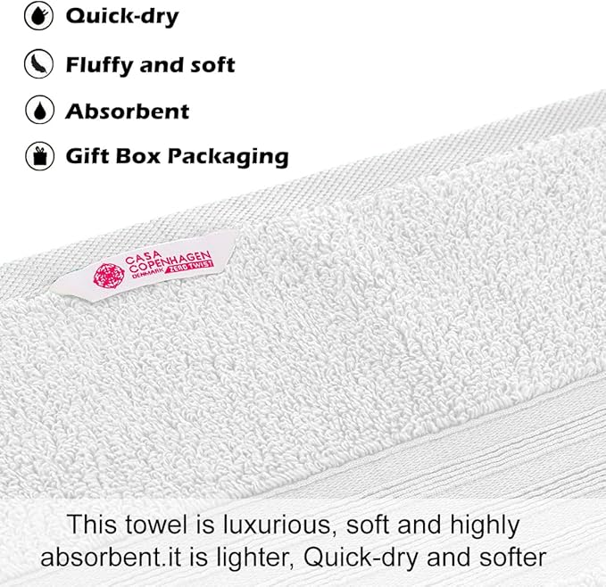 CASA COPENHAGEN Zero Twist, 6 Pieces Set 100% Cotton 0" Twist Towel Set- White, 600 GSM, 2 Bath, 2 Hand, 2 Washcloths Made from Egyptian Cotton, Ultra Soft Luxury Towels for Bathroom.