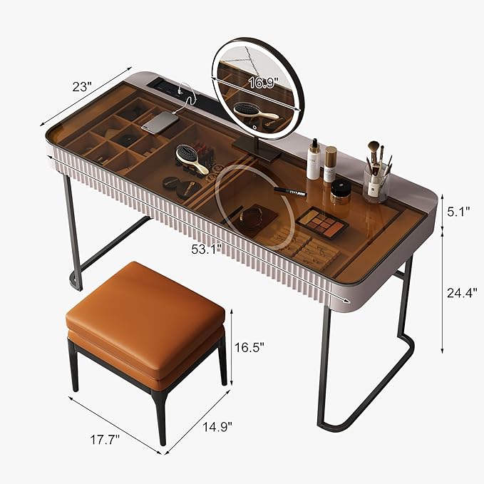 Lartis Makeup Vanity,Dresser Stool Set,Dresser,Computer Desk,partitioned Storage,Smart Socket,LED Makeup Mirror (Beige White, 47 in)