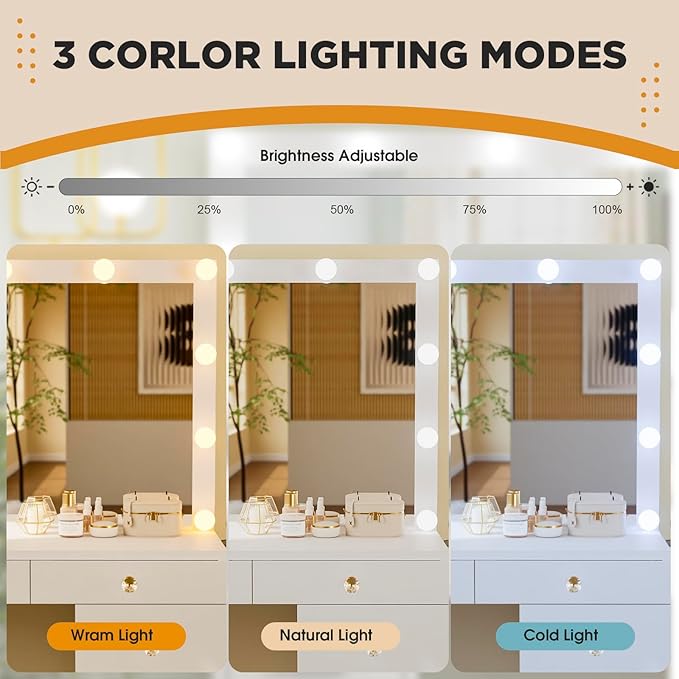 Likein Vanity Desk with Mirror and Lights, White Vanity with Hidden Jewelry Storage Cabinet, Charging Station, 11 Drawers Makeup Vanity with Lights, Crystal Knobs, 3 Color Lighting Modes for Girls