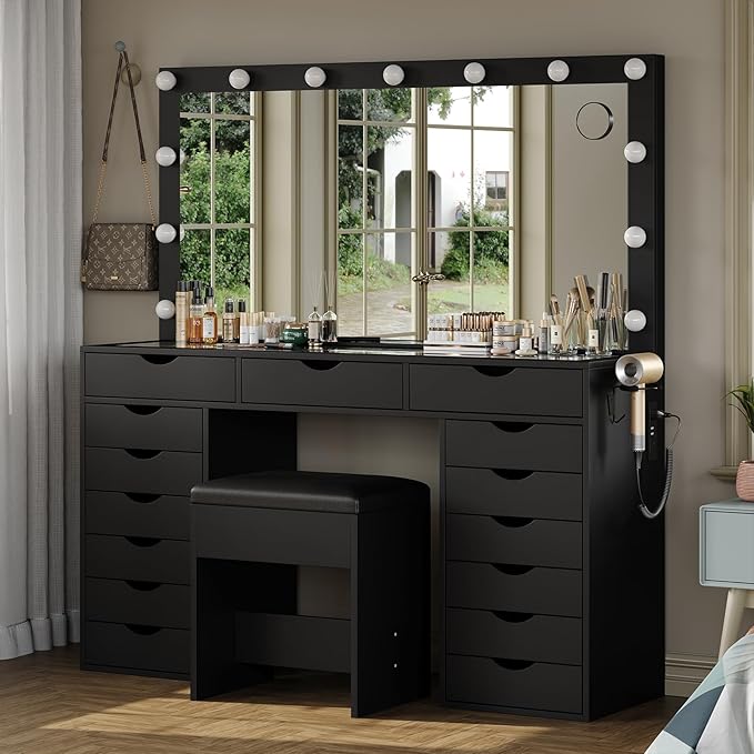 15 Drawers Vanity Desk with Power Outlet, Makeup Table with Mirror and 13 LED Lights, 3 Color Lighting Modes, Brightness Adjustable, Glass Top Dressing Table, Vanity Set for Bedroom, Black