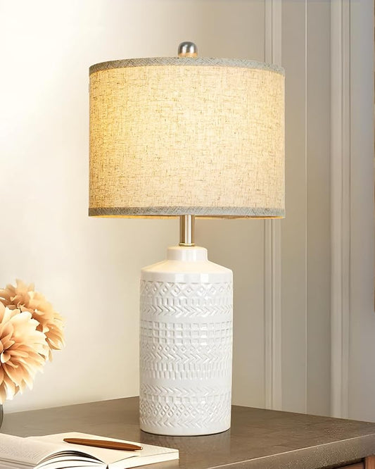White Ceramic Table Lamp with Beige Shade: 3-Way Dimmable Night Stand Light Lamp 24.5" Modern Table Lamps for Living Room Bedroom End Table Office Entryway Lamps (Bulb Included