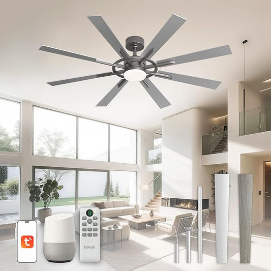 60 Inch Smart Ceiling Fan, Silver Indoor/Outdoor Ceiling Fans with Lights and Remote, Compatible with Alexa/Google/App, 3CCT Dimmable 6 Speeds Timing for Living Room Bedroom Patio