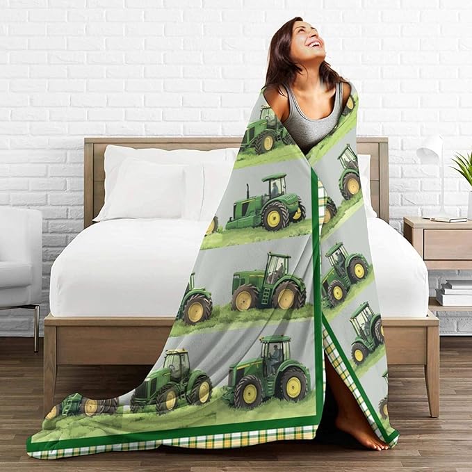 Truck Blanket Soft Cozy Green Truck Plush Throw Blanket Warm Equipment Tractor Flannel Fleece Bedding Stuff Decor Blanket Gifts for Lover Teens Kids Girls Boys Women Adults Bed Travel 50"x60"