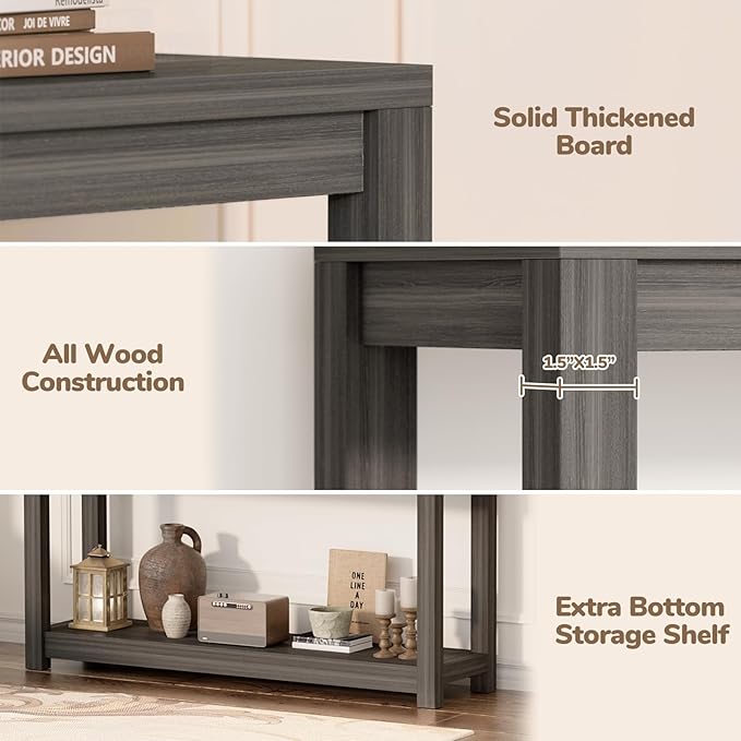 47" Farmhouse Wood Entryway Table Narrow Console Table with Storage Behind Couch Sofa Table with Shelves Entry Way Table with Open Storage, Easy Assembly, Grey Walnut