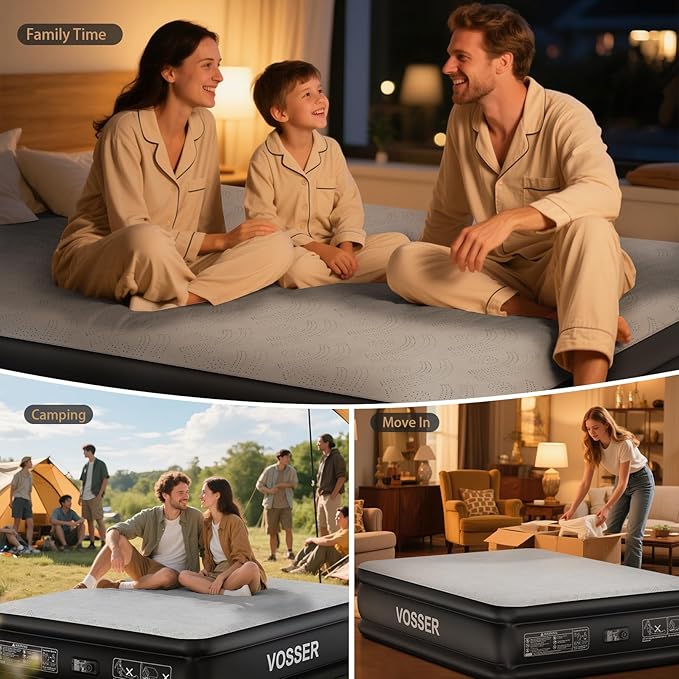 Queen Air Mattress with Built-in Pump,18'' Foam Topper Blow Up Mattress,Luxury Inflatable Mattress 2 Mins Self-Inflation/Deflation - Breathable and Flatness-Free for Camping, Home & Guests