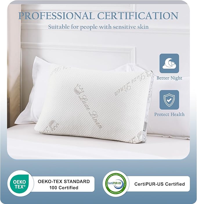 Organic Cotton King Size Pillows, Shredded Memory Foam Pillows, Adjustable Bed Pillow for Sleeping, 20"x36"Organic Cotton Bed Pillows for Side, Back, Stomach Sleepers（Pack of 1）