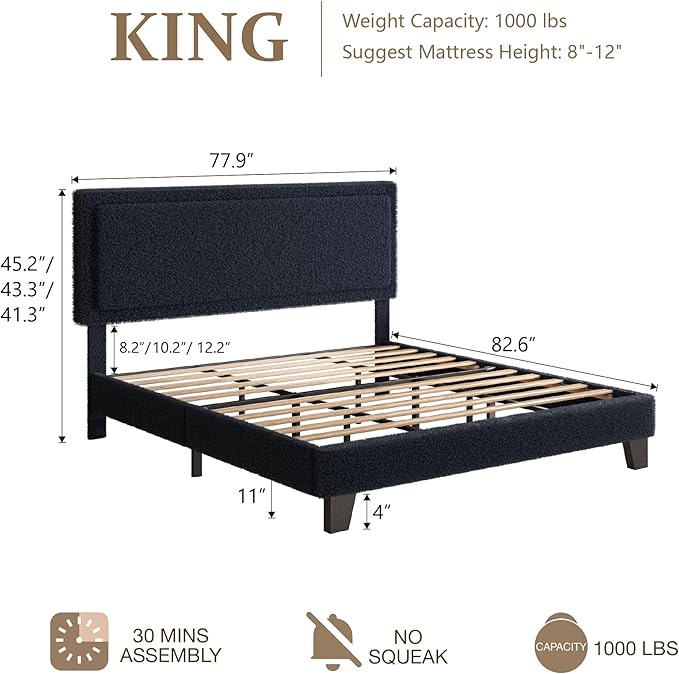 King Size Bed Frame and Headboard, Boucle Upholstered Platform Cloud Bed Frame with Headboard, Soft Teddy Fabric, Modern Style, No Box Spring Required, Easy Assembly, Blue-Black