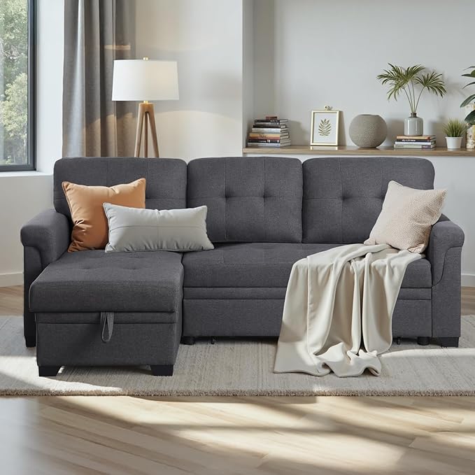 83 Inch L Shaped Modular Convertible Sleeper Sectional Sofa Bed with Storage Chaise and Pull-Out Bed, Linen Upholstered Reversible Corner Couch for Living Room, Home Furniture, Dark Gray